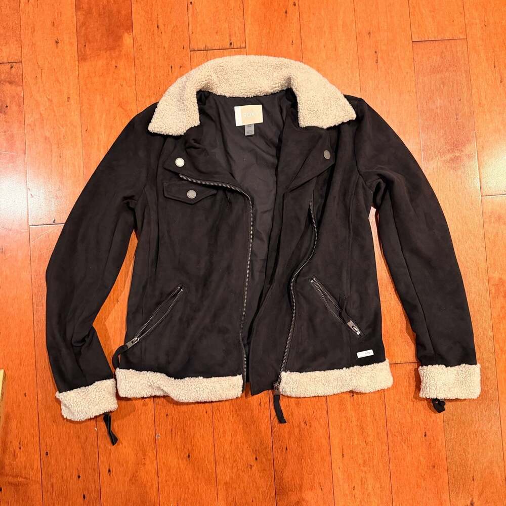 Roxy Women's Black Faux Suede Sherpa Lined Moto Jacket Size S
